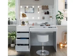 Vicco Schminktisch Sherry Weiß 55 cm mit LED Beleuchtung Hocker und Spiegelregal