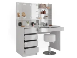 Vicco Schminktisch Sherry Weiß 55 cm mit LED Beleuchtung Hocker und Spiegelregal