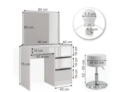 Vicco Schminktisch Sherry Weiß/Weiß 90 cm mit LED Beleuchtung und Hocker
