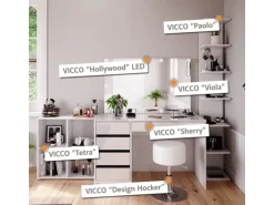 Vicco Schminktisch Sherry Weiß 4 Teile mit Aufbewahrungsregal Spiegel Hocker LED
