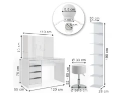 Vicco Schminktisch Sherry Weiß 4 Teile mit Aufbewahrungsregal Spiegel Hocker LED