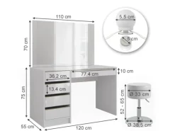 Vicco Schminktisch Sherry Weiß/Gold/Gold 120 cm mit LED Beleuchtung und Hocker