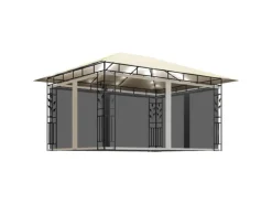 vidaXL Pavillon mit Moskitonetz & LED-Lichterkette 4x3x2,73m CremeWeiß