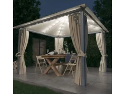 vidaXL Pavillon mit Vorhängen & LED-Lichterkette 300x300 cm Creme Alu