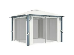 vidaXL Pavillon mit Vorhängen & LED-Lichterkette 300x300 cm Creme Alu