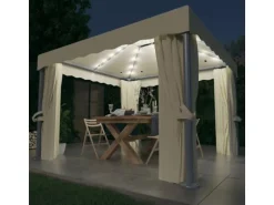 vidaXL Pavillon mit Vorhängen & LED-Lichterkette 3x3 m CremeWeiß