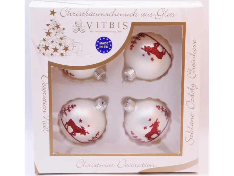 Vitbis Glas-Weihnachtskugeln 4-teilig Dekor Weiß Rot Ø 6 cm