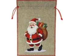 Weihnachts-Deko Sack aus Poly in Jute Motiv Weihnachtsmann 20 cm x 30 cm Natur