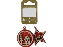 Weihnachts-Deko Stern- und Kugelhänger aus Holz Ø 5 cm Natur-Rot 2 Stück